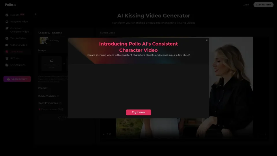 Pollo AI模板AI亲吻视频生成器：免费在线创建亲吻视频